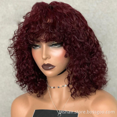 Wholesale Full Machine Made Wigs Highlight Honey #27 #30 Blonde Brown Burgundy 99J Brazilian Human Jerry Curly Wigs With Bangs